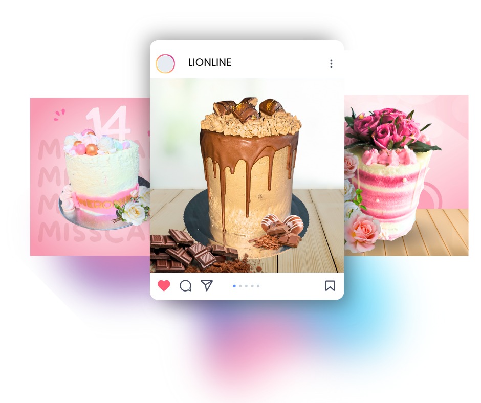 Post na Instagramie prezentujący trzy torty cukierni domowej: czekoladowy z polewą, różowy z kwiatami i tort urodzinowy z napisem.
