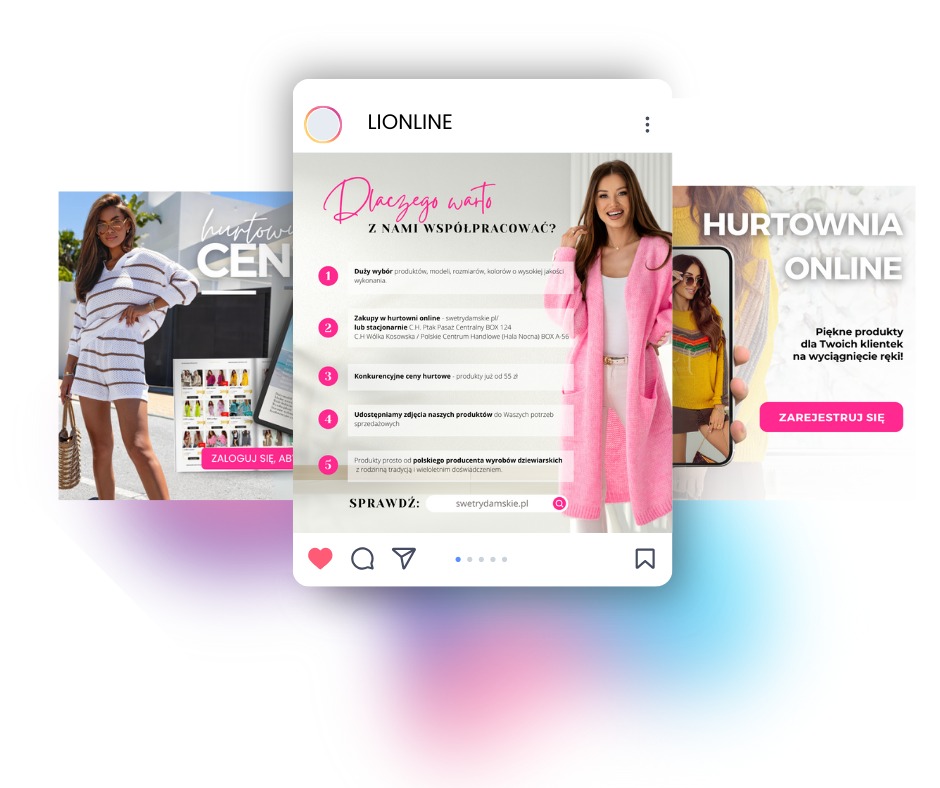 Grafika reklamowa w stylu social media z ofertą hurtowni odzieży damskiej Lionline, prezentująca modelki w różnych stylizacjach i hasła zachęcające do współpracy.
