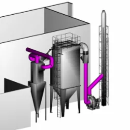 Wizualizacja 3D przemysłowej instalacji odpylającej z rurociągami w kolorze fuksji, obejmująca cyklon, filtr workowy z drabinką i komin, umieszczona wewnątrz hali.