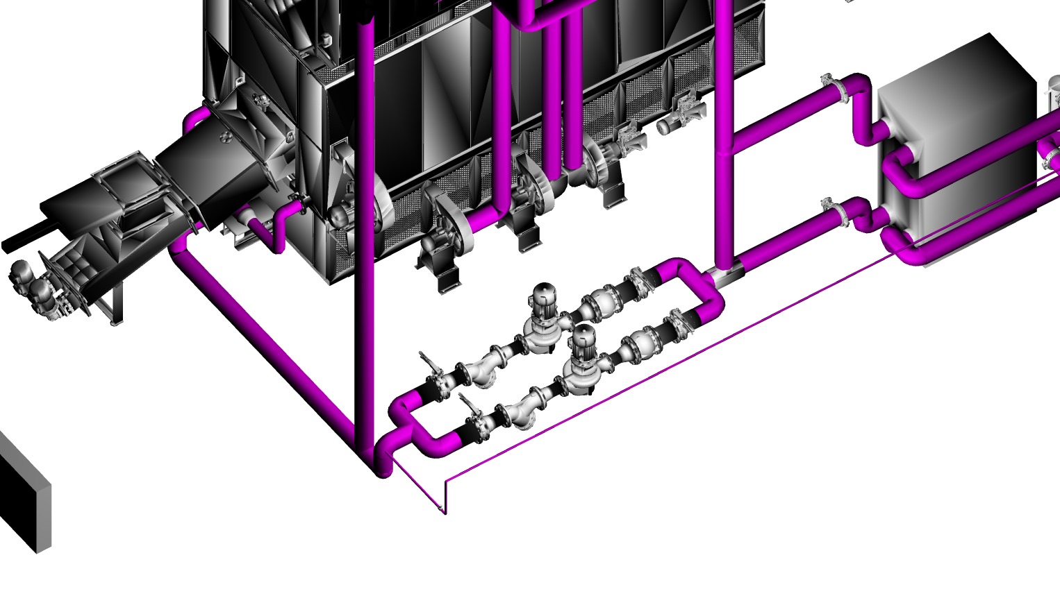 Komputerowy model 3D instalacji przemysłowej z rurociągami i pompami, widok z góry pod kątem.