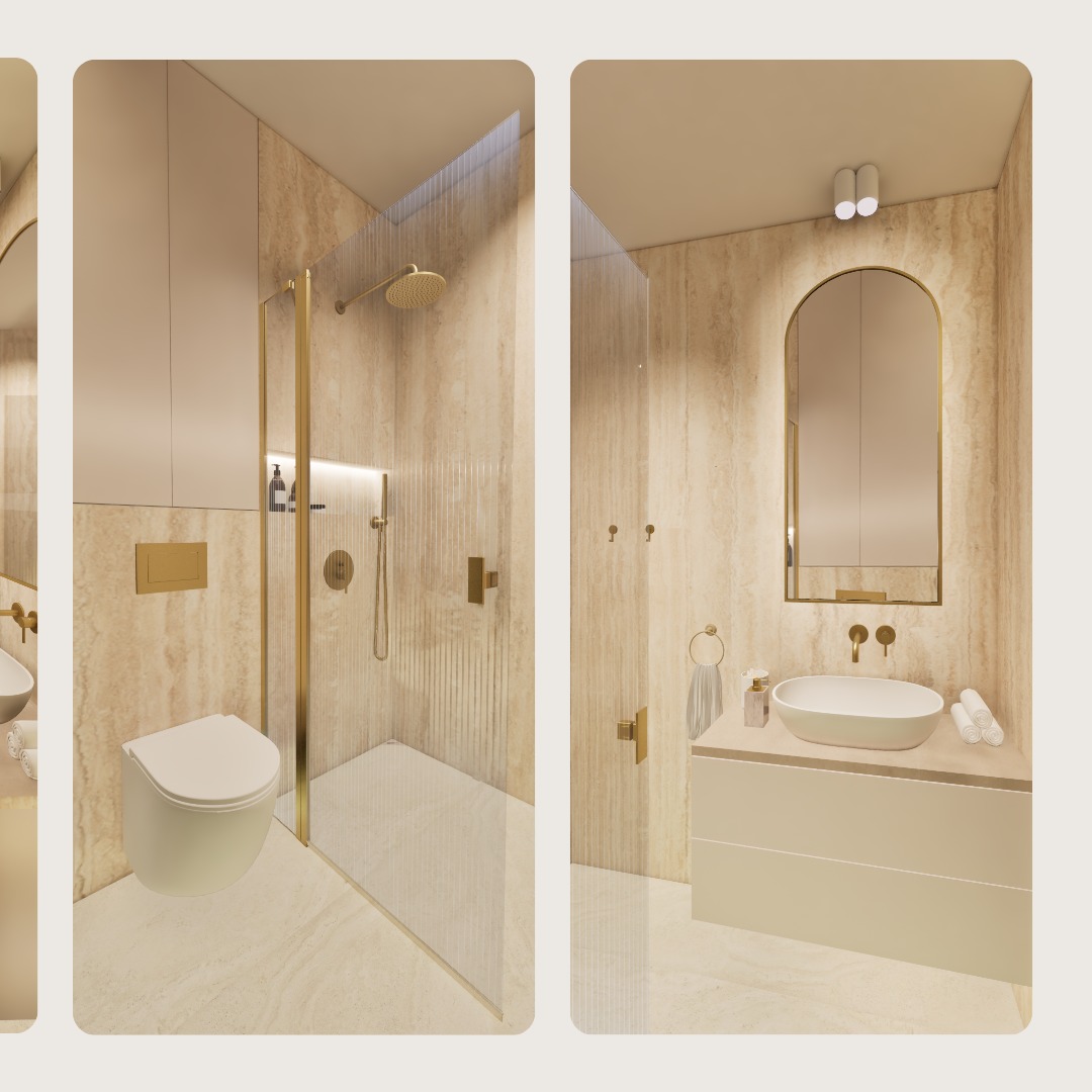Wizualizacja łazienki z kabiną prysznicową typu walk-in, umywalką nablatową i toaletą podwieszaną, utrzymana w beżowej kolorystyce z elementami złota.