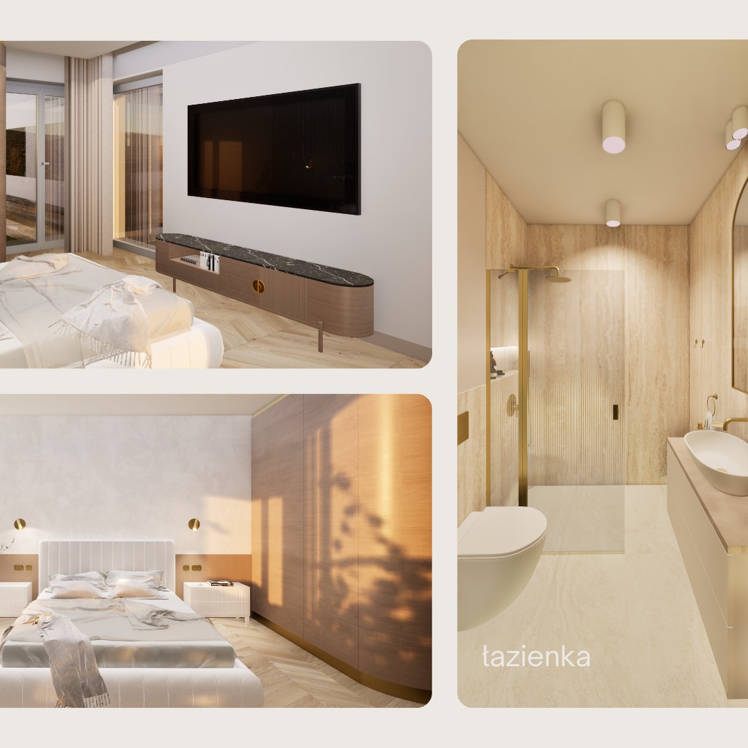 Kolaż wizualizacji wnętrz: sypialnia z telewizorem i szafką RTV, druga sypialnia z dużą szafą i łazienka z kabiną prysznicową walk-in, utrzymane w jasnej kolorystyce z elementami złota.