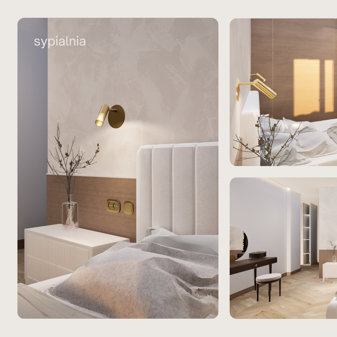 Nowoczesna sypialnia z beżową ścianą, minimalistyczną lampką nocną i dekoracyjną gałązką w wazonie, uzupełniona o toaletkę z okrągłym lustrem i taboretem na parkiecie.