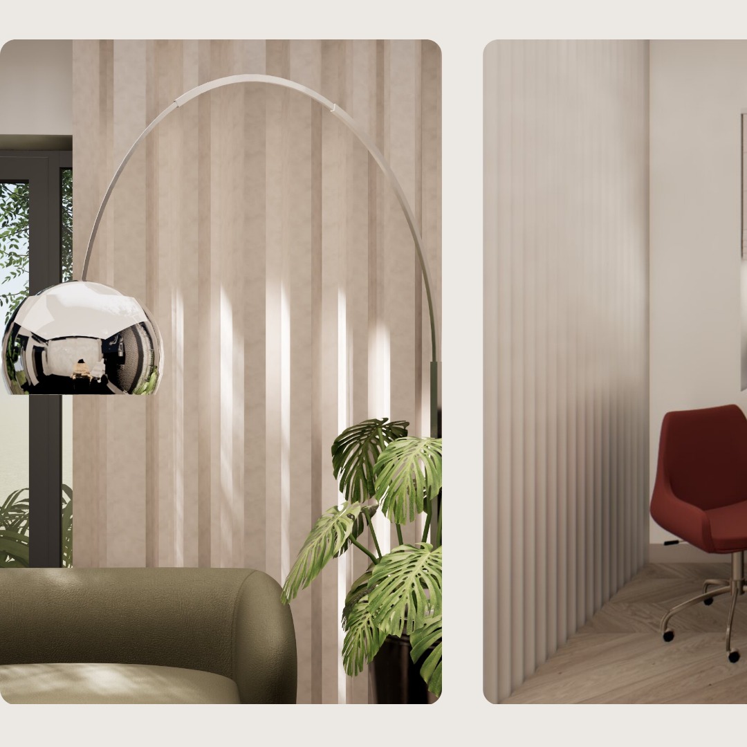 Wizualizacja wnętrza z lampą łukową, sofą w odcieniach zieleni i rośliną Monstera, uzupełniona o biurko z krzesłem w kolorze czerwonym.