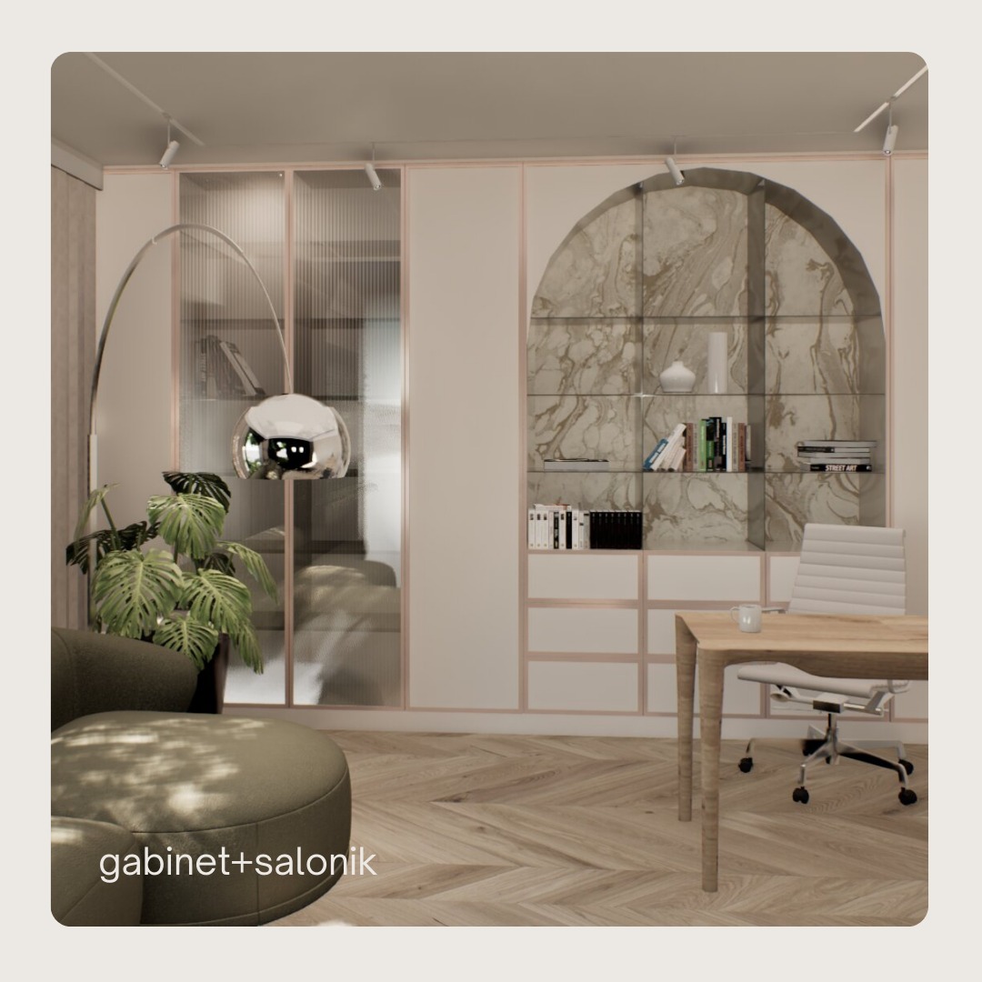 Nowoczesne wnętrze gabinetu z elementami salonu: wygodny fotel, okrągły puf, biurko z krzesłem, regał z marmurowym wzorem, podłoga w jodełkę i lampa łukowa.