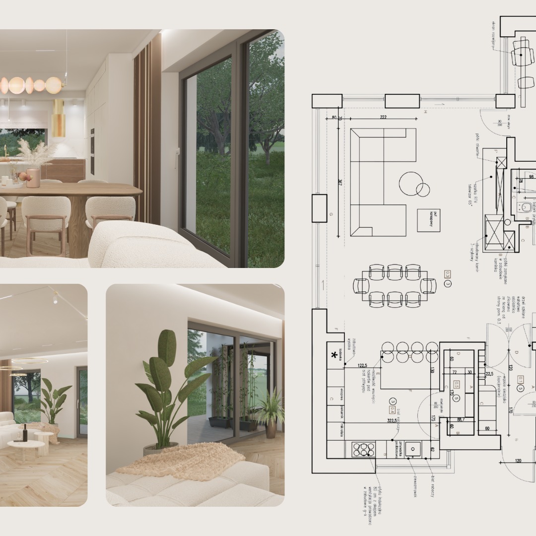 Wizualizacja wnętrza mieszkania łącząca render 3D z rzutem technicznym, prezentująca salon z jadalnią oraz kuchnię z wyspą, z widokiem na zieleń za oknem.