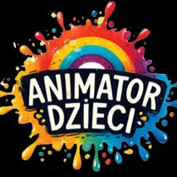 Bajkowe Animacje dla Dzieci Małopolska - Kolorowe logo z napisem 'Animator Dzieci' na czarnym tle, otoczone plamami farb w barwach tęczy. Dynamiczny, artystyczny design.