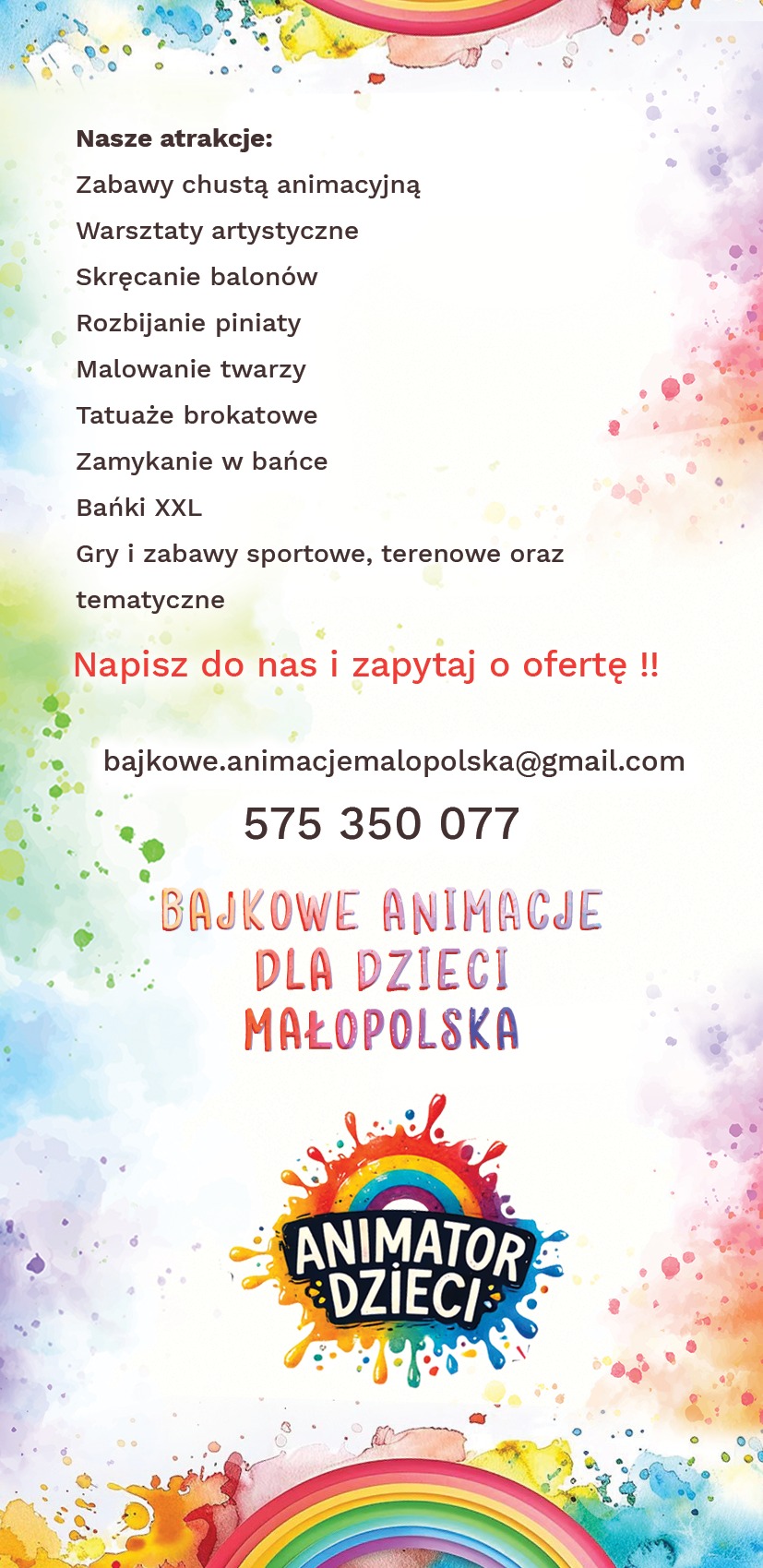Kolorowa grafika z ofertą animacji dla dzieci: zabawy chustą, warsztaty artystyczne, skręcanie balonów, malowanie twarzy, tatuaże brokatowe, bańki XXL i inne.