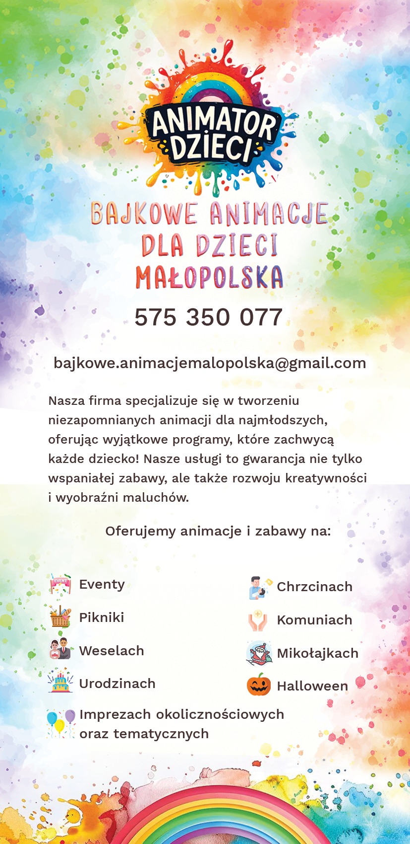 Kolorowa grafika reklamowa animatora dla dzieci z Małopolski. Oferta obejmuje animacje na eventach, piknikach, weselach, urodzinach, chrzcinach, komuniach, Mikołajkach i Halloween.