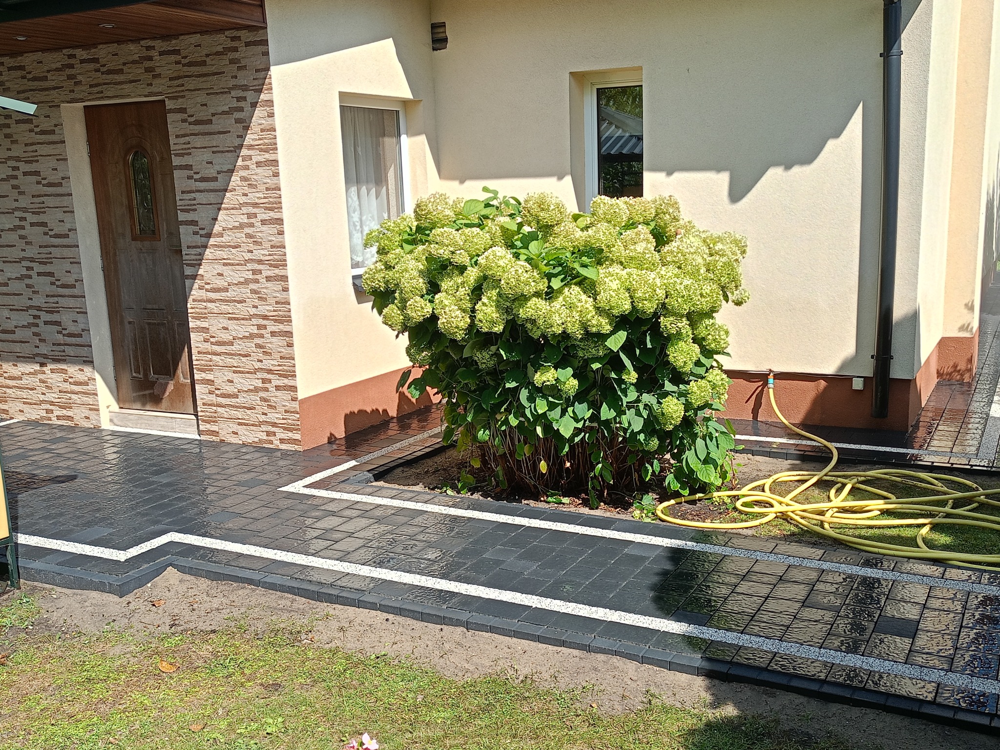 Ułożona, ciemnoszara kostka brukowa z białymi akcentami obramowująca rabatę z kwitnącą hortensją przed budynkiem.