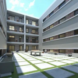 Wizualizacja dziedzińca z budynkami w tle. Geometryczny wzór na ziemi, minimalistyczne donice i ławki. Budynki o nowoczesnej architekturze.