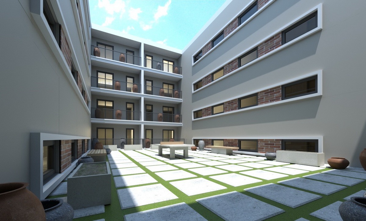 Wizualizacja dziedzińca z budynkami w tle. Geometryczny wzór na ziemi, minimalistyczne donice i ławki. Budynki o nowoczesnej architekturze.