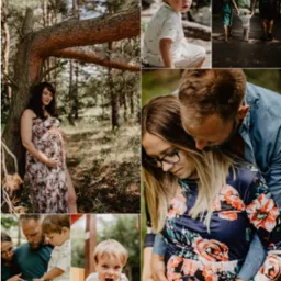 Kolaż zdjęć: kobieta w kwiecistej sukience ciążowej w lesie, blondwłosy dziecko siedzące na ziemi, para trzymająca dziecko za ręce na ścieżce, para obejmująca ciążowy brzuszek, rodzina z dzieckiem...