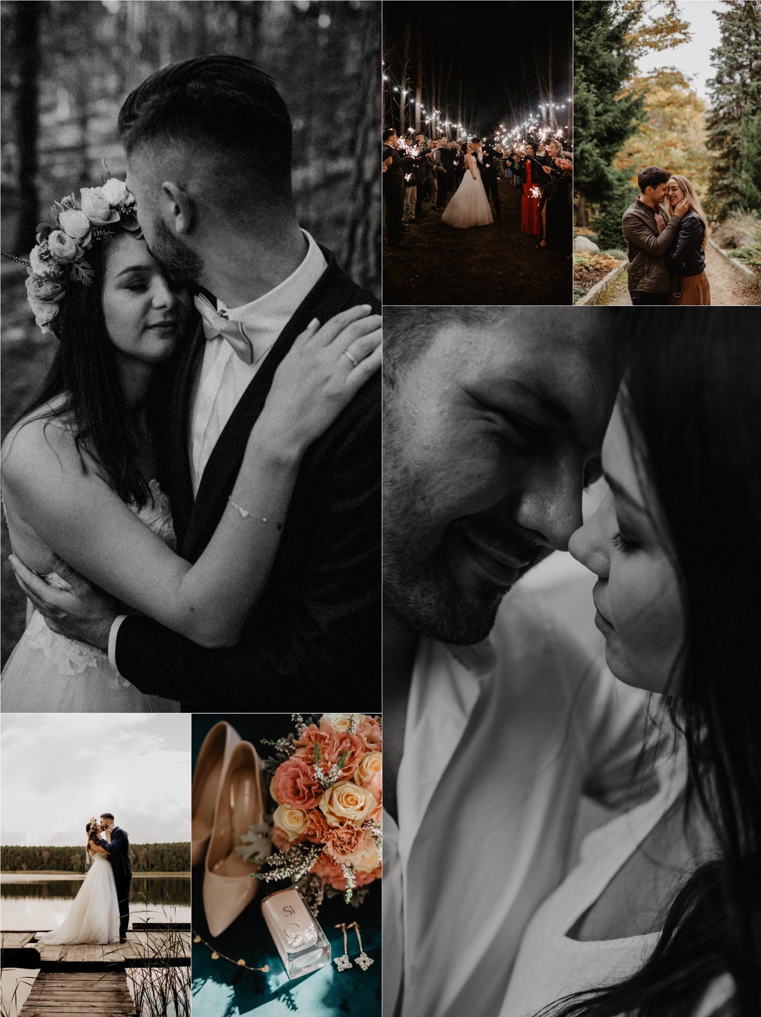 Kolaż zdjęć z sesji ślubnej: para młoda w lesie, z zimnymi ogniami, nad jeziorem na pomoście, zbliżenie twarzy, buty ślubne i bukiet na zielonym tle.