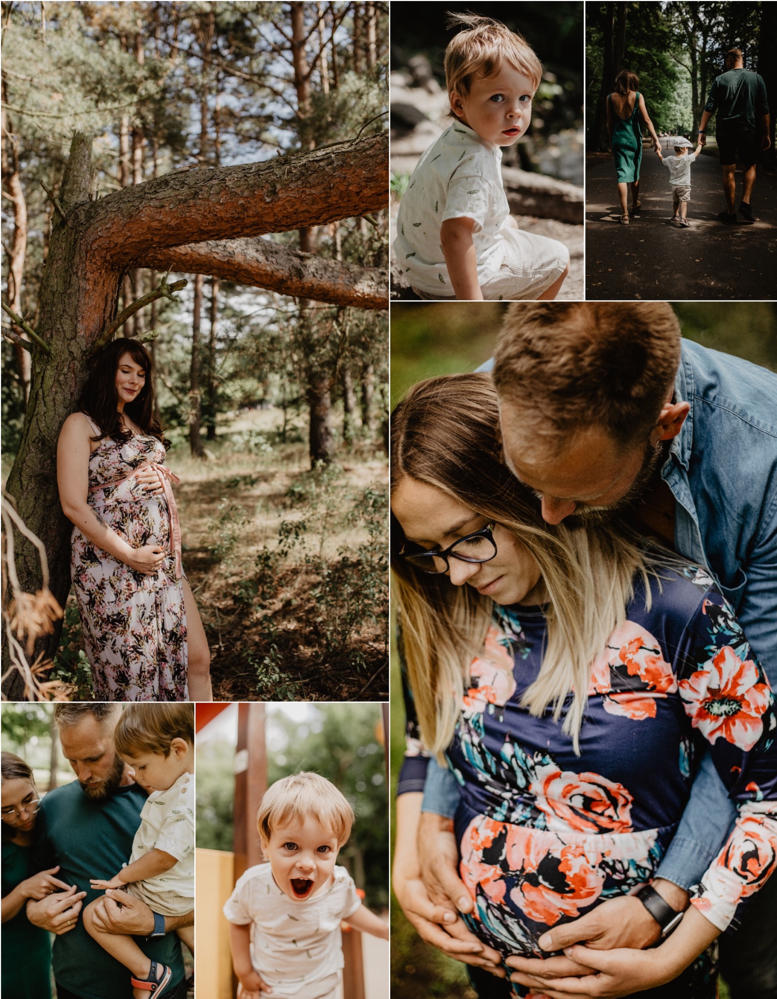 Kolaż zdjęć: kobieta w kwiecistej sukience ciążowej w lesie, blondwłosy dziecko siedzące na ziemi, para trzymająca dziecko za ręce na ścieżce, para obejmująca ciążowy brzuszek, rodzina z dzieckiem...