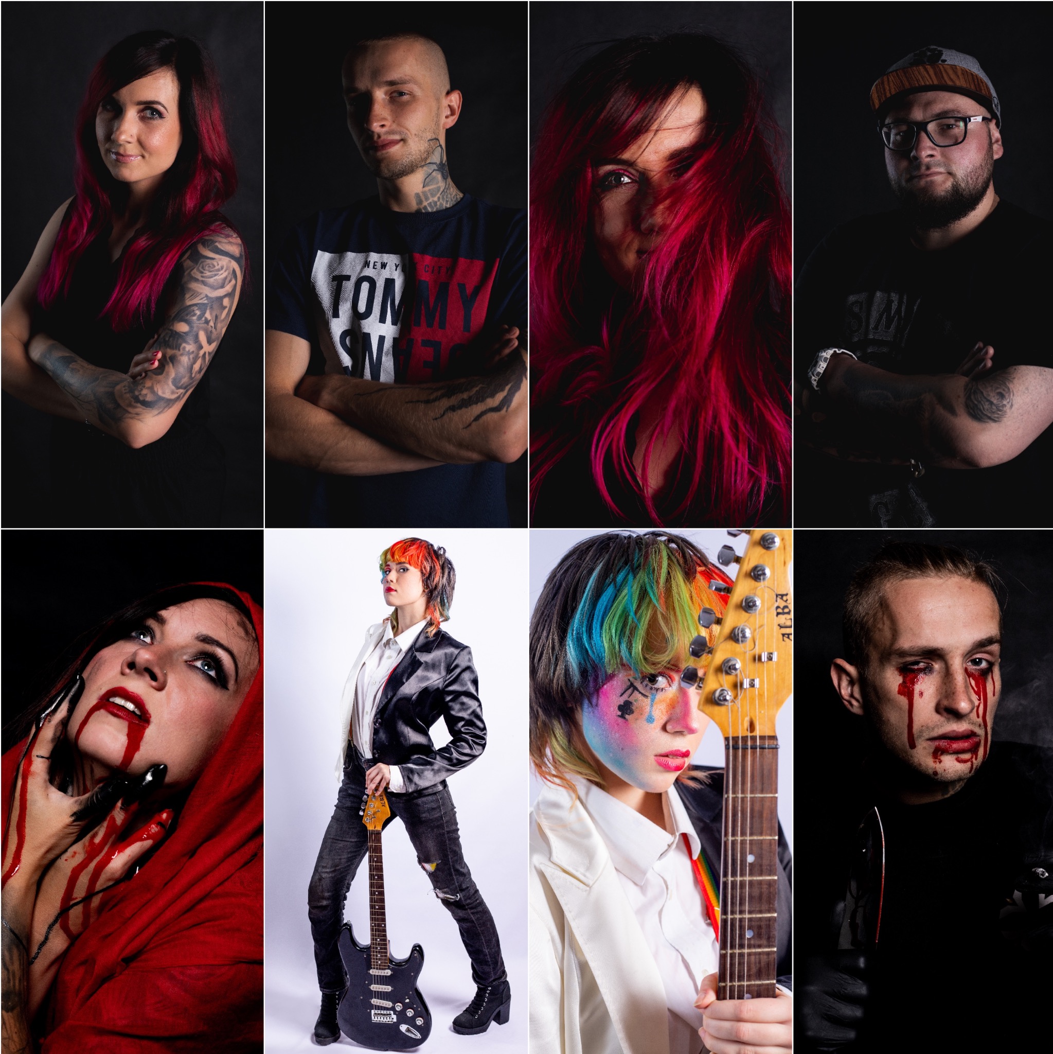 Kolaż portretów studyjnych osób z wyrazistym makijażem i stylizacją, w tym modelka z tatuażami i czerwonymi włosami, mężczyzna z tatuażem na szyi, osoba z czerwonymi włosami zasłaniającymi twarz...