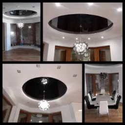 Kompozycja zdjęć przedstawiająca fragmenty wnętrza z podwieszanym, czarnym sufitem w kształcie elipsy, z nowoczesnym, kulistym żyrandolem w centrum, widoczne drewniane okna z żaluzjami i parkiet...