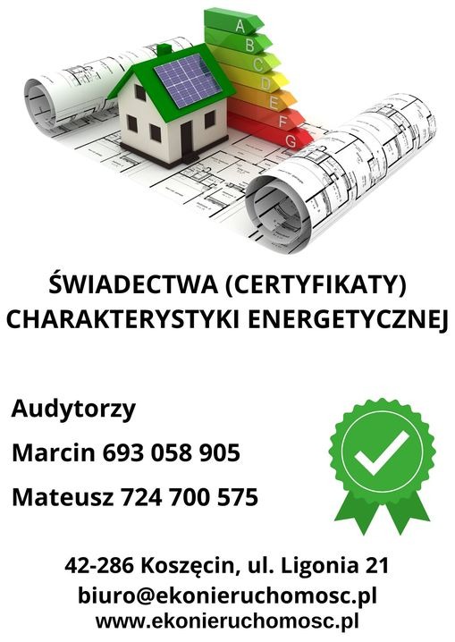 Wizualizacja świadectwa energetycznego w Koszęcinie: model domu z panelami słonecznymi na planie architektonicznym, obok skala efektywności energetycznej od A do G.