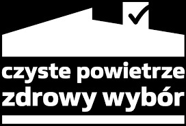 Białe logo programu 'Czyste Powietrze - zdrowy wybór' na czarnym tle, przedstawiające zarys domu z symbolem zaznaczenia (ptaszka) w górnym rogu.