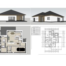 Lemon Tree - Wizualizacja 3D projektu domu jednorodzinnego z rzutem poziomym i technicznym, prezentująca bryłę budynku z różnych perspektyw, układ pomieszczeń i wymiary.