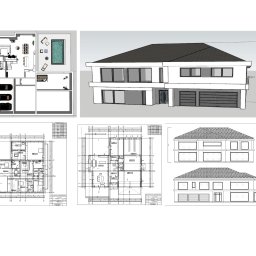 Lemon Tree - Rzuty i wizualizacja 3D nowoczesnego, dwukondygnacyjnego domu z płaskim dachem i garażem na dwa samochody, widok z góry ukazuje układ pomieszczeń, basen i taras.