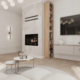 Jasne wnętrze salonu z kominkiem i regałem na książki. Minimalistyczny design, ciepłe oświetlenie, drewniana podłoga. Dekoracyjny kominek z efektem płomieni.