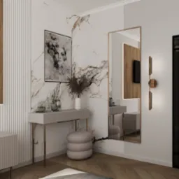 Elegancka aranżacja wnętrza sypialni z toaletką, lustrem i dekoracyjną grafiką na marmurowej ścianie. Minimalistyczny styl, stonowana kolorystyka, drewniane akcenty.