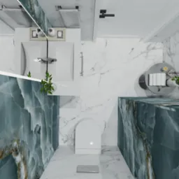 Widok z góry na nowoczesną łazienkę z marmurowymi ścianami w odcieniach bieli i zieleni, minimalistyczną armaturą i roślinami doniczkowymi.