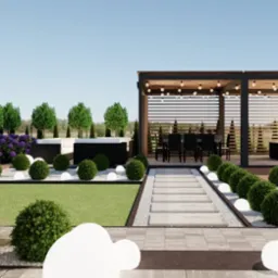 Projekt ogrodu z pergolą, miejscem do siedzenia, huśtawkami i oświetleniem kulistym. Realistyczna wizualizacja ogrodu z zielonym trawnikiem i dekoracyjnymi roślinami.