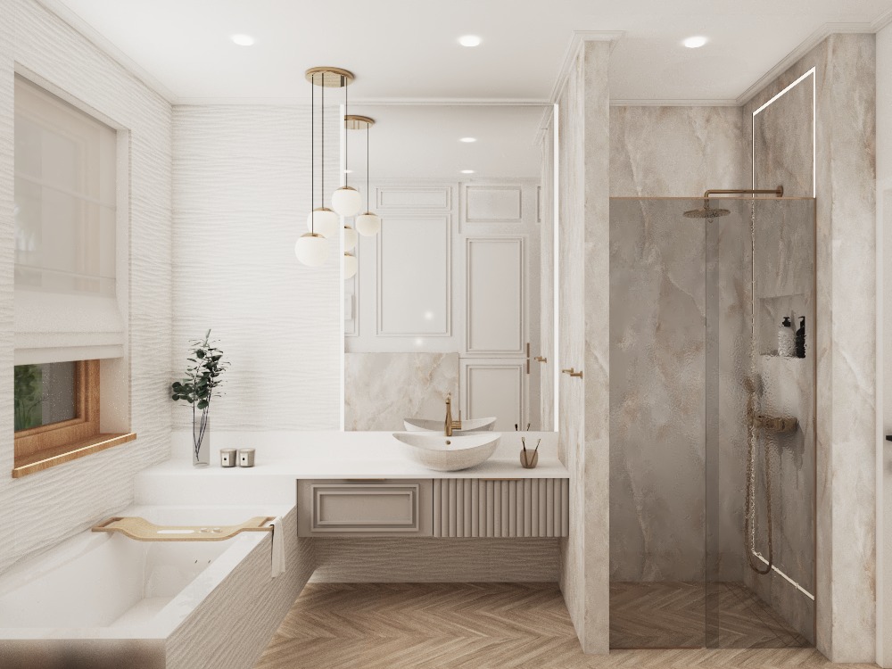 Elegancka łazienka w beżach i bieli: wolnostojąca wanna, umywalka nablatowa, kabina prysznicowa z marmurowymi ścianami i złota armatura. Parkiet w jodełkę.