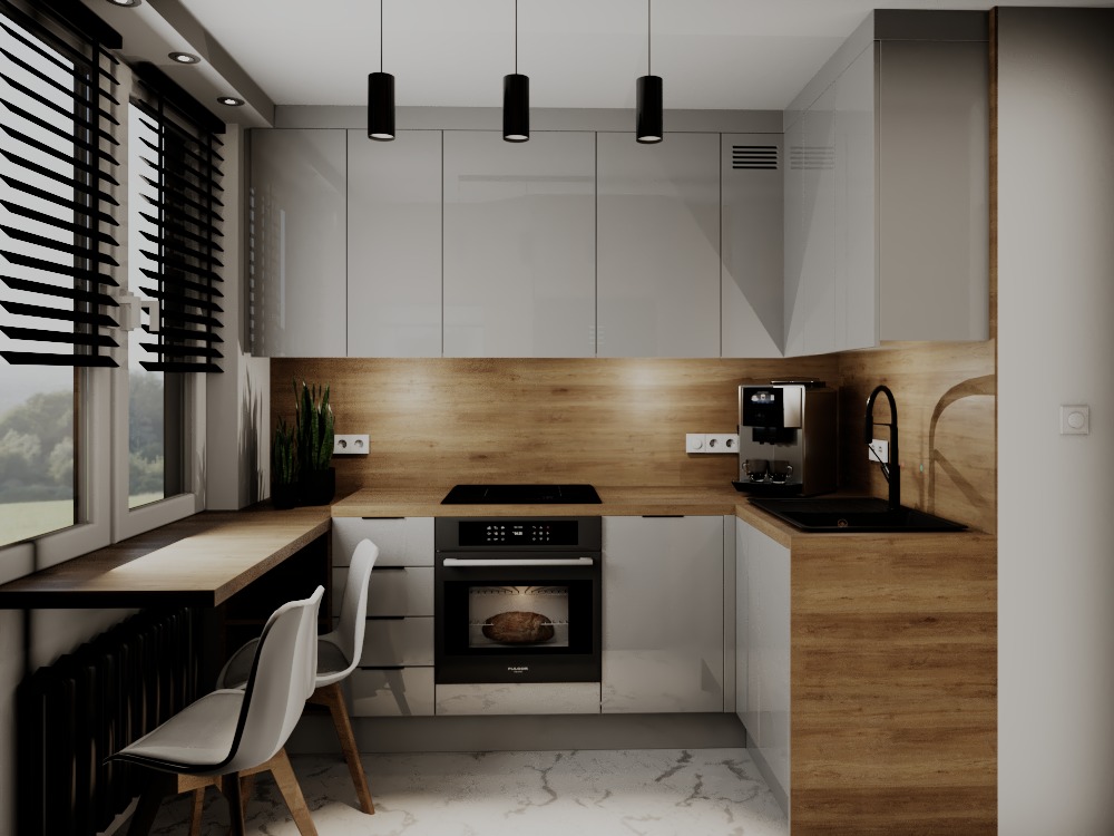 Nowoczesna kuchnia z białymi szafkami, drewnianym blatem i czarnymi akcentami: lampy, bateria, żaluzje. Minimalistyczny design, marmurowa podłoga, ekspres do kawy.