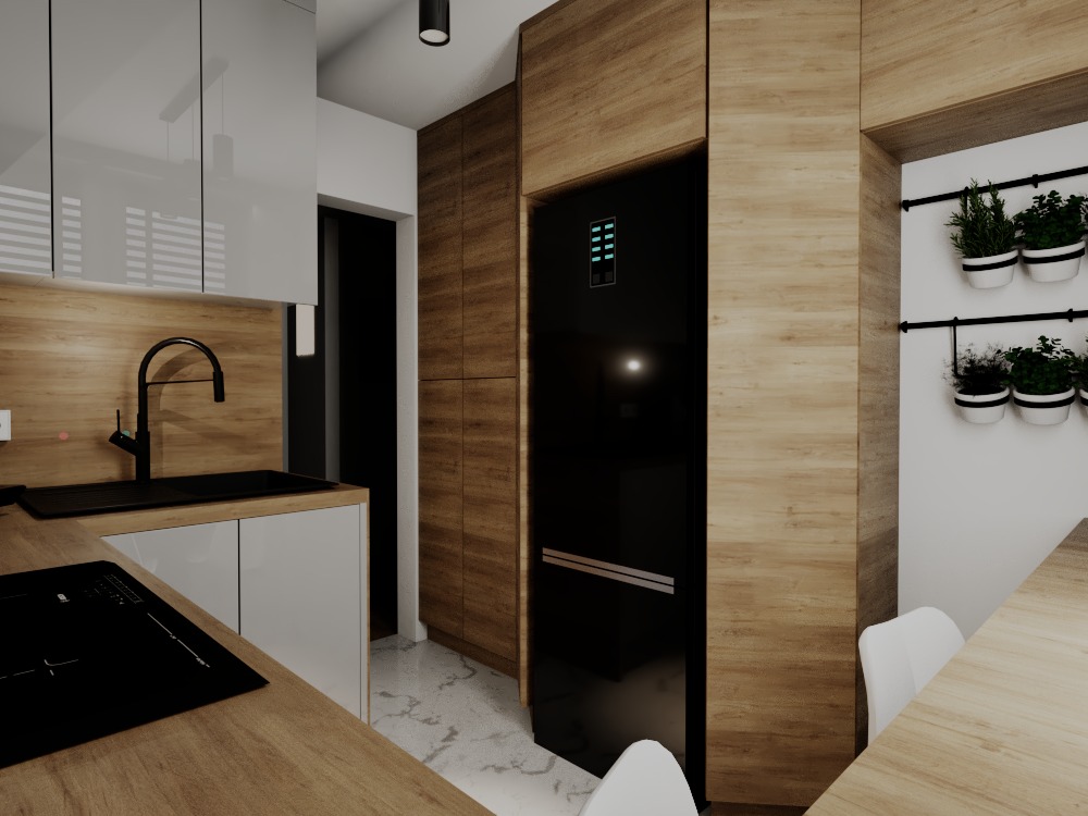 Nowoczesna kuchnia z drewnianymi akcentami: zabudowa z lodówką, czarny zlew i płyta indukcyjna, białe szafki, zioła w doniczkach na ścianie.