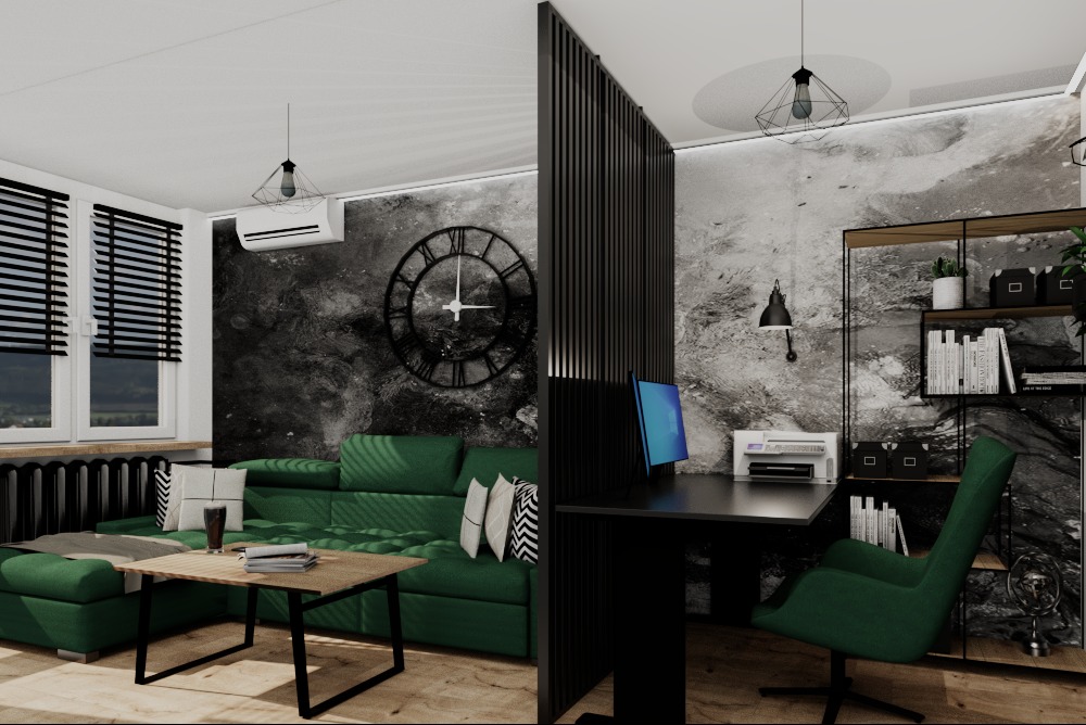 Salon z zieloną sofą i biurem oddzielonym ażurową ścianką. Na ścianie zegar, lampy wiszące. Nowoczesne wnętrze w szaro-zielonej tonacji. Realistyczna wizualizacja.