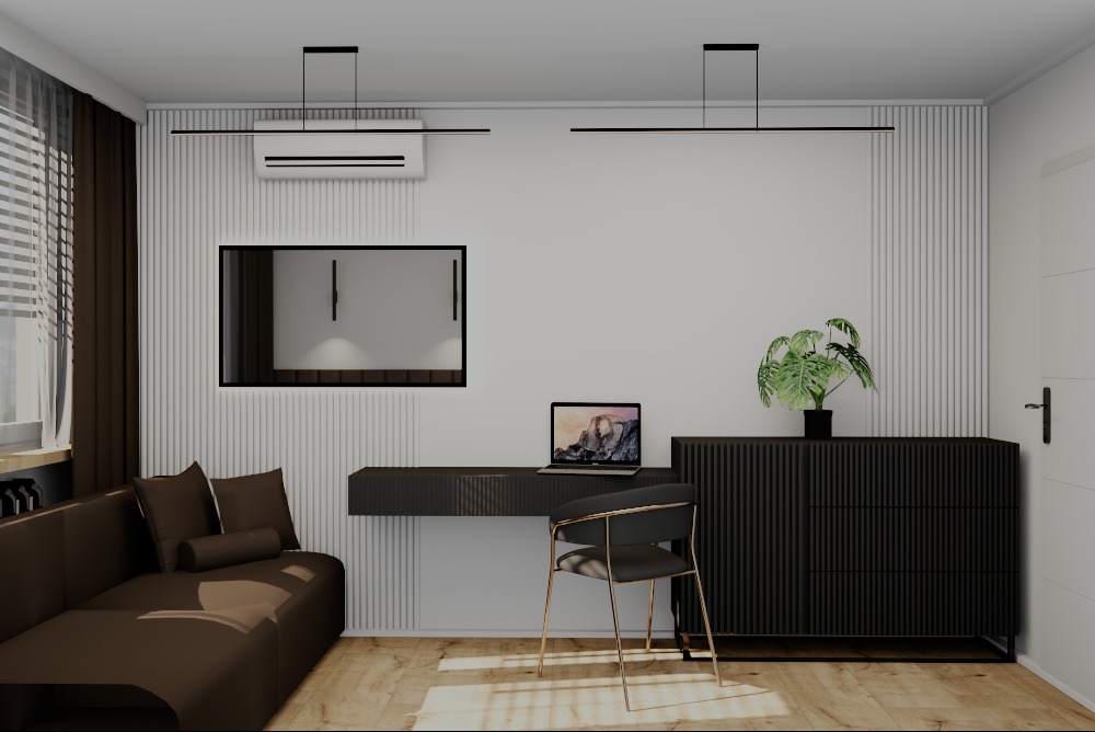 Nowoczesny salon z brązową sofą i czarnym biurkiem z laptopem. Minimalistyczne oświetlenie i pionowe panele ścienne dodają elegancji. Roślina doniczkowa na komodzie.