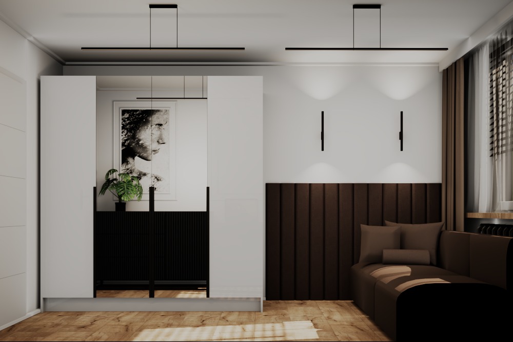 Nowoczesny salon z białymi szafami, lustrzanym panelem, grafiką i brązową sofą. Minimalistyczne oświetlenie i drewniana podłoga dodają elegancji.