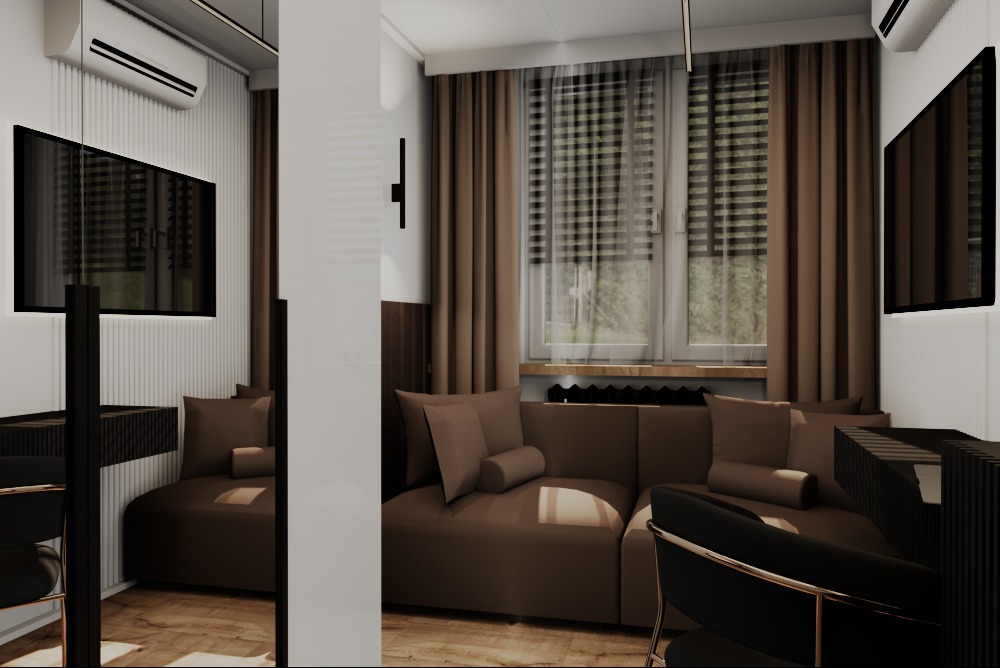 Stylowy pokój z brązową sofą i telewizorem. Nowoczesne rolety w oknach, designerskie krzesło z metalowymi nogami. Minimalistyczny wystrój wnętrza.