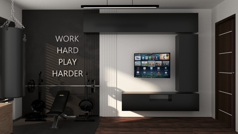 Nowoczesna aranżacja pokoju z siłownią: czarna ściana z napisem, sprzęt do ćwiczeń, telewizor i minimalistyczne meble w odcieniach czerni i bieli.