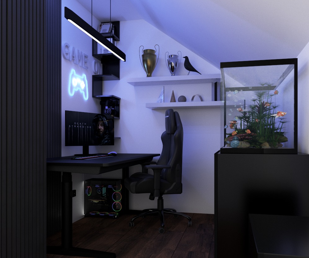 Pokój gracza w skandynawskim stylu: czarne biurko, krzesło gamingowe, neon 'Game On', akwarium z rybkami, drewniana podłoga, oświetlenie LED, półki z dekoracjami.