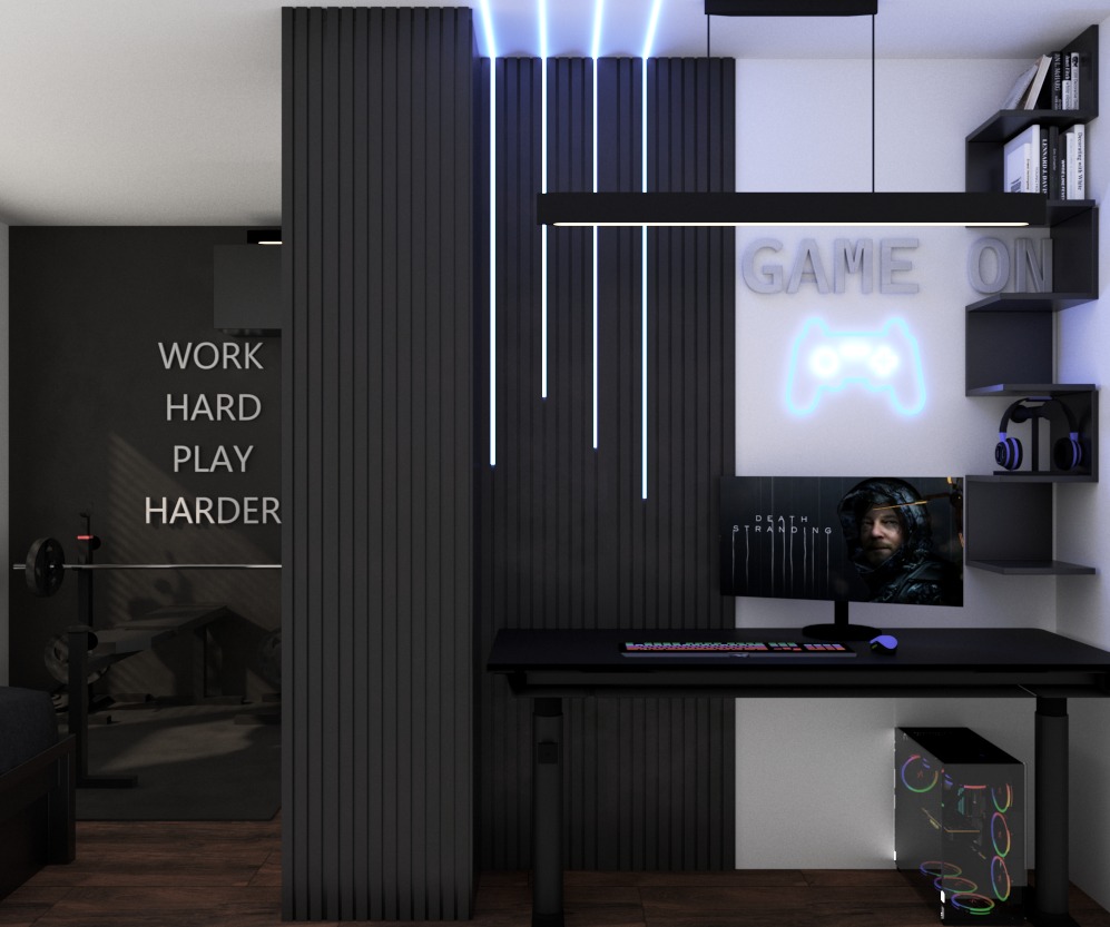 Nowoczesny pokój gracza z czarnym biurkiem, neonami i ścianą z napisem 'Work hard, play harder'. Minimalistyczny design z akcentami gamingowymi.