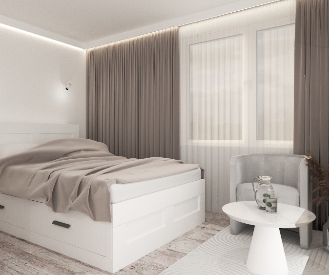 Jasna sypialnia: białe łóżko z szufladami, beżowa pościel, okno z zasłonami, stolik z wazonem i krzesło. Minimalistyczny styl, ciepłe oświetlenie.