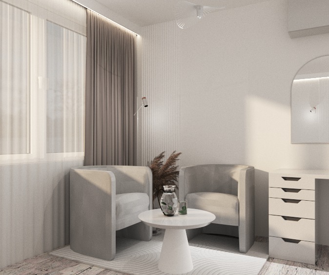 Jasne wnętrze z dwoma fotelami, okrągłym stolikiem i komodą. Stonowana kolorystyka, minimalistyczny design. Subtelne oświetlenie i dekoracje roślinne.