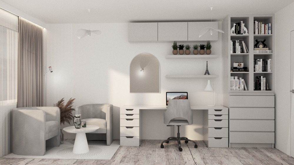 Jasne, monochromatyczne wnętrze z biurkiem, krzesłem, regałem i strefą wypoczynkową. Minimalistyczny design z akcentami dekoracyjnymi, jak rośliny i figurka wieży Eiffla.