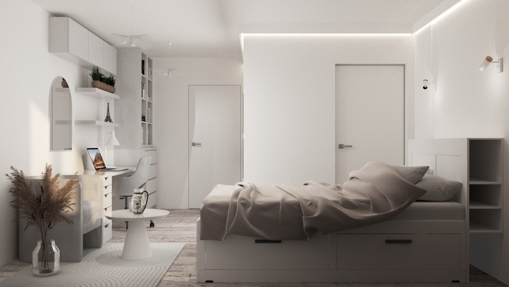 Nowoczesna aranżacja pokoju młodzieżowego w Radzyniu Podlaskim. Jasne barwy, minimalistyczny design, biurko z laptopem i łóżko z szufladami tworzą spójną całość.