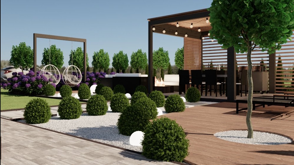 Wizualizacja ogrodu z drewnianym tarasem, pergolą z oświetleniem, huśtawkami w kształcie kuli i kulistymi krzewami. W tle kwitnące hortensje i zaparkowany samochód.