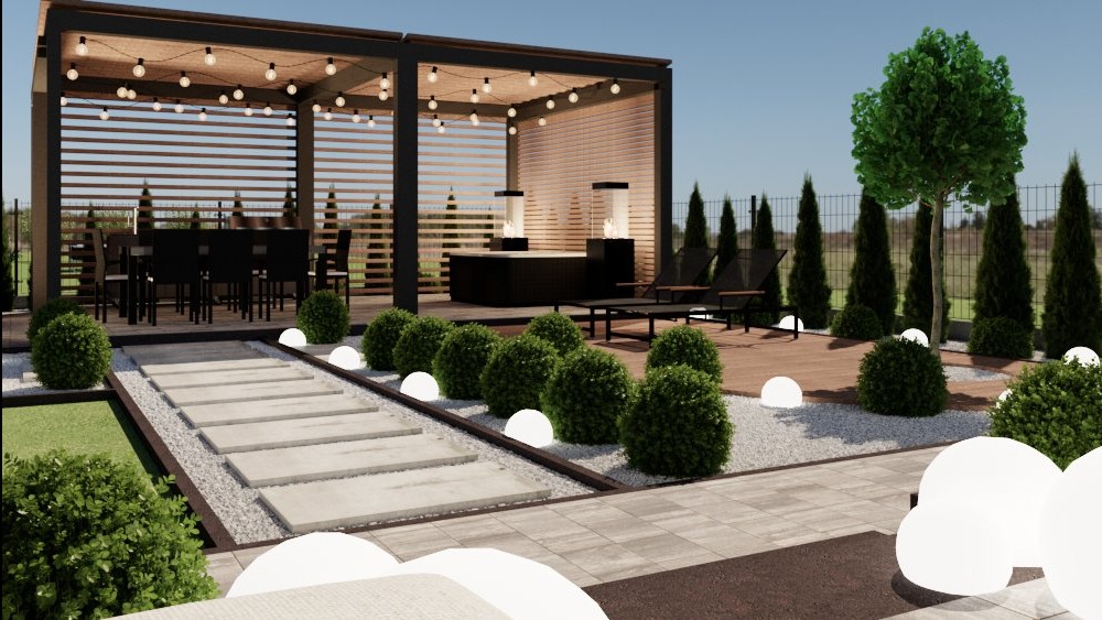 Wizualizacja ogrodu z drewnianą pergolą, oświetleniem i ścieżką z płyt. W tle widoczne tuje i inne rośliny, tworzące zieloną ścianę.