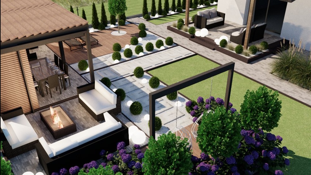 Wizualizacja ogrodu z pergolą, meblami wypoczynkowymi i elementami dekoracyjnymi, takimi jak kule świetlne i kwitnące hortensje. Widok z góry ukazuje kompozycję przestrzeni.