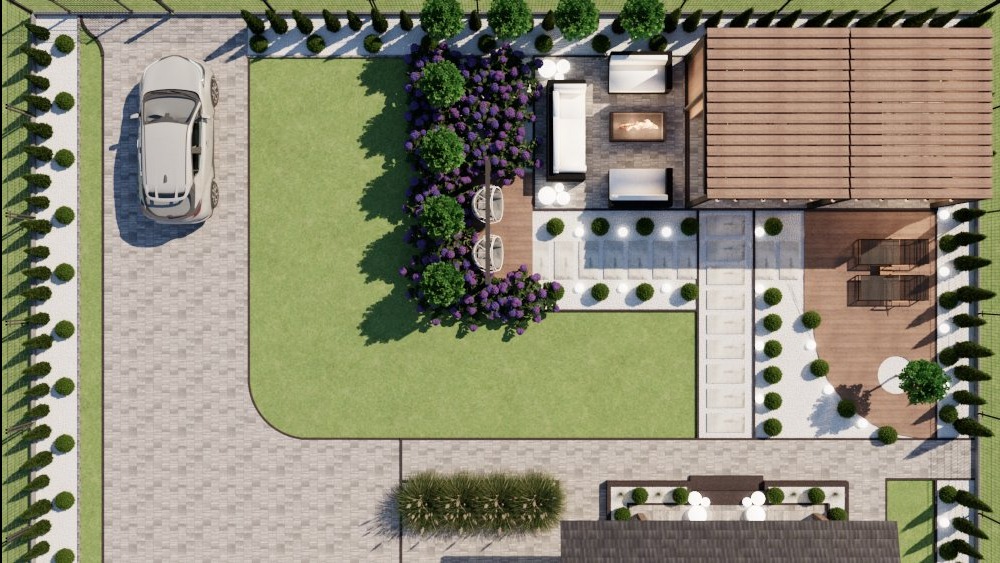 Widok z góry na projekt ogrodu z samochodem na podjeździe, meblami ogrodowymi i roślinami. Pergola z drewnianym zadaszeniem i oświetlenie.