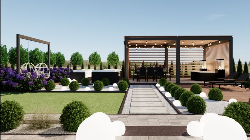 Projekt ogrodu z pergolą, miejscem do siedzenia, huśtawkami i oświetleniem kulistym. Realistyczna wizualizacja ogrodu z zielonym trawnikiem i dekoracyjnymi roślinami.