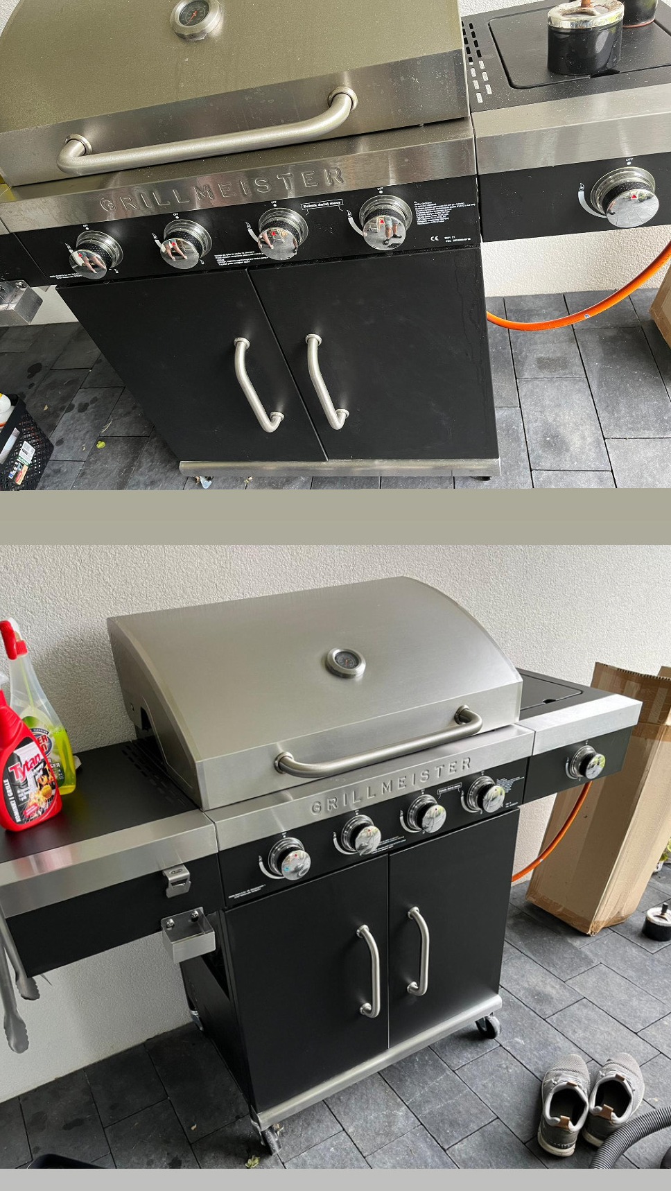 Porównanie stanu grilla marki Grillmeister przed i po czyszczeniu, widoczne środki czyszczące i akcesoria.