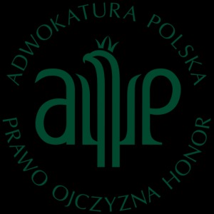 Zielone logo Adwokatury Polskiej z orłem w koronie i napisem 'Prawo Ojczyzna Honor' na czarnym tle.